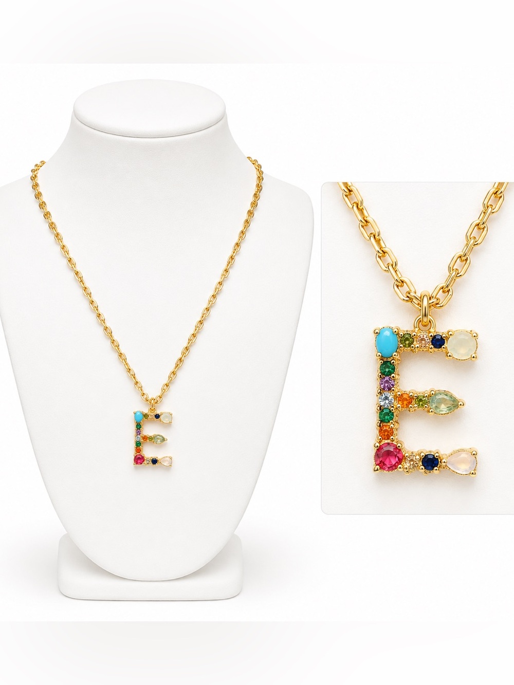 Multi colored crystal initial “E” necklace